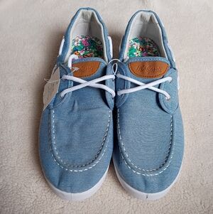 U.S. Sports Brand Women's Blue Canvas Boat Shoes With Flower Print Insoles